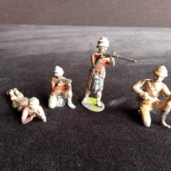 VINTAGE SOLID CAST TOY SOLDIERS - COLONIAL ERA TROOPS, INC SCOTTISH HIGHLAND SOLDIERS AND BRITISH INFANTRY