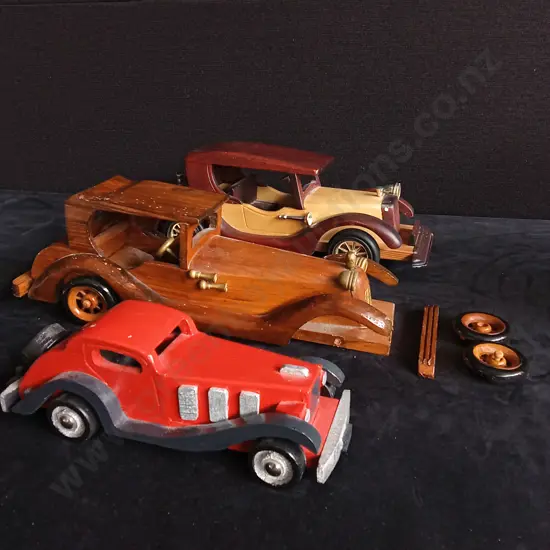 3 WOODEN VINTAGE CAR MODELS