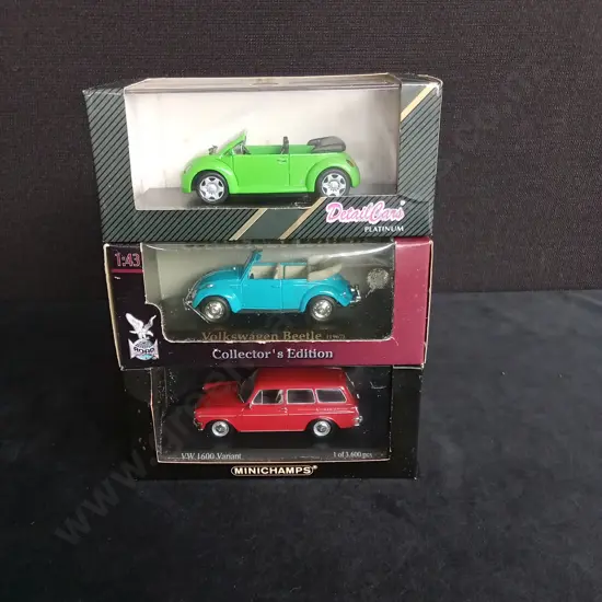 3 1:43 SCALE VOLKSWAGEN BEETLE MODELS BY DETAIL CARS, ROAD AND MINICHAMPS BOXED