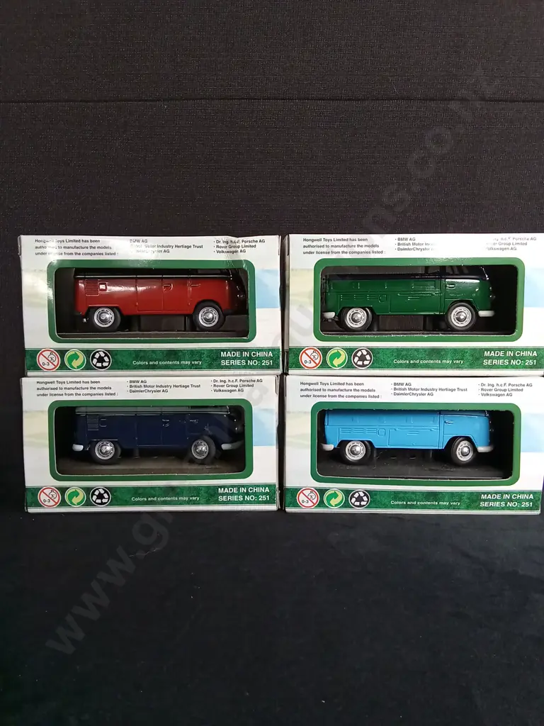 4 1:43 SCALE CARARAMA MODELS, 2X 1962 VOLKSWAGEN TRANSPORTER AND 2 X VOLKSWAGEN T1 PICK UPS, BOXED Image 1++