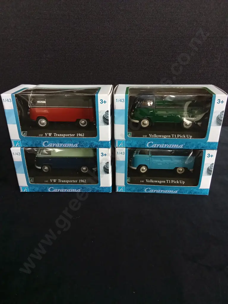 4 1:43 SCALE CARARAMA MODELS, 2X 1962 VOLKSWAGEN TRANSPORTER AND 2 X VOLKSWAGEN T1 PICK UPS, BOXED Image 1++