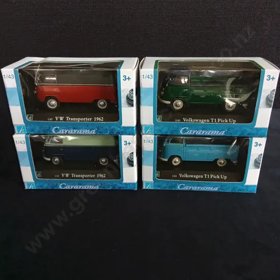 4 1:43 SCALE CARARAMA MODELS, 2X 1962 VOLKSWAGEN TRANSPORTER AND 2 X VOLKSWAGEN T1 PICK UPS, BOXED