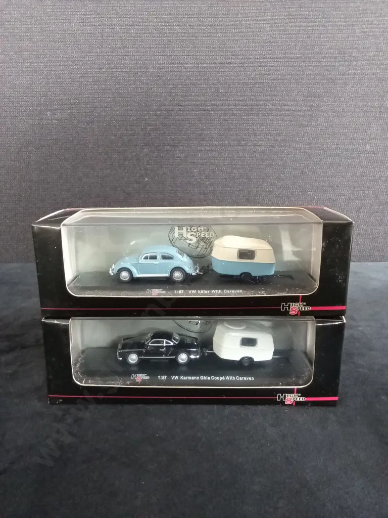 2 1:87 SCALE MODELS, VOLKSWAGEN BEETLE AND KARMANN GHIA TOWING CARAVANS, BOXED Image 1++