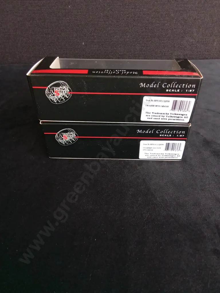 2 1:87 SCALE MODELS, VOLKSWAGEN BEETLE AND KARMANN GHIA TOWING CARAVANS, BOXED Image 1++