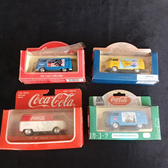 4 1:43 SCALE VOLKSWAGEN KOMBI VANS WITH COCA-COLA & PEPSI LIVERY, BOXED