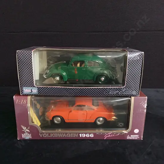 2 1:18 SCALE VOLKSWAGEN MODELS, MAISTO AND ROAD LEGENDS, BOXED