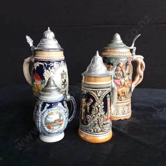4 VINTAGE GERMAN BEER STEINS TALLEST 25 CM