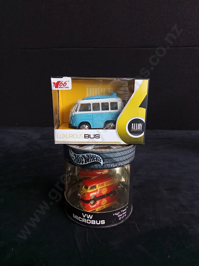 2 1:43 VOLKSWAGEN BUS MODELS MING YING AND HOT WHEELS, BOXED Image 1++