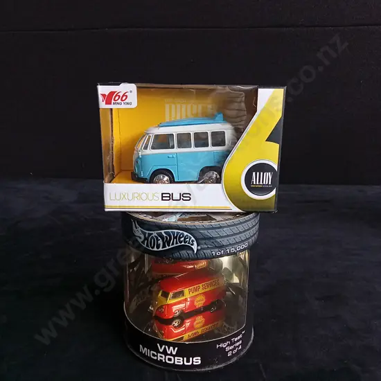 2 1:43 VOLKSWAGEN BUS MODELS MING YING AND HOT WHEELS, BOXED