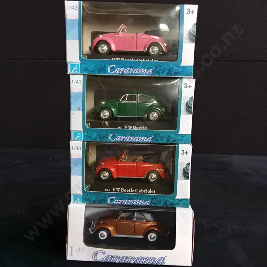 4 1:43 SCALE CARARAMA VOLKSWAGEN BEETLE MODELS, BOXED