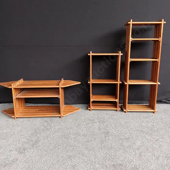 2 WOODEN SHELVES WITH MATCHING TABLE