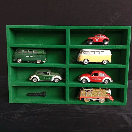 MIX OF MODEL CARS IN DISPLAY CASE