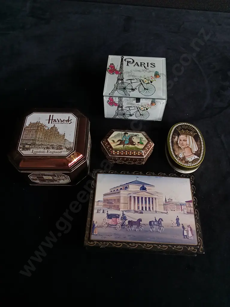 5 PIECES VINTAGE TINS AND BOXES Image 1++