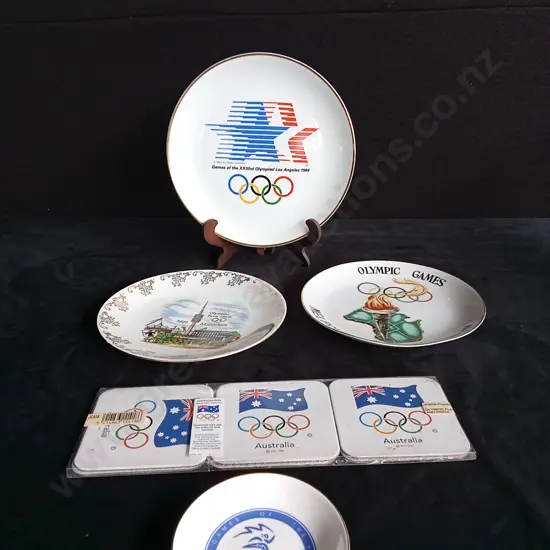 5 DECORATIVE OLYMPICS PLATES AND COASTERS