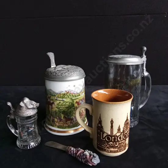 BEER STEINS, CUP AND. CHEESE KNIFE