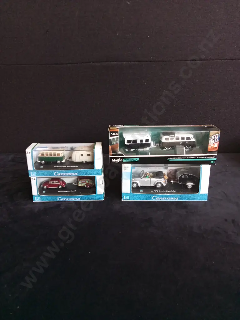 4 CARARAMA AND MAISTO DESIGN VOLKSWAGEN CARS VAN AND BUS WITH CARAVAN BOXED Image 1++
