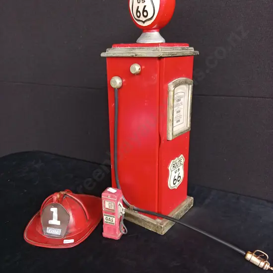 3 PIECE GAS PUMPS AND FIREMAN HAT HOME DECOR