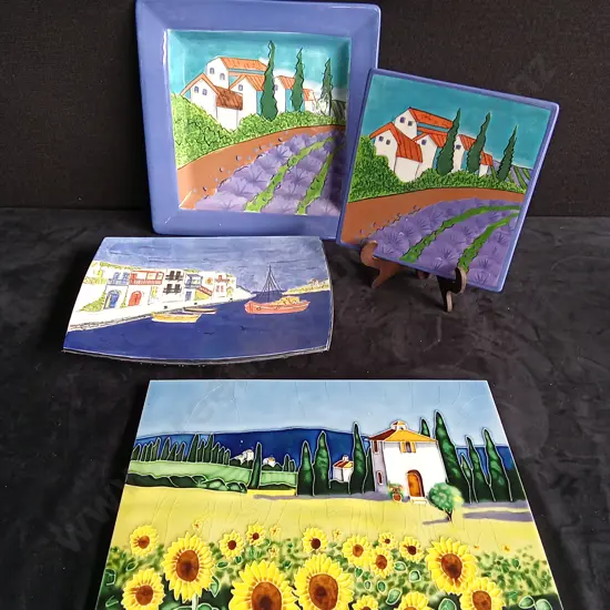 4 LANDSCAPE DECORATIVE PLATES AND TILE
