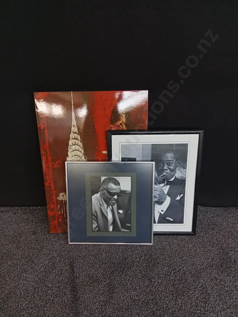 3 PIECES JAZZ ART AND PRINTS, LOUIS ARMSTRONG, RAY CHARLES Image 1++