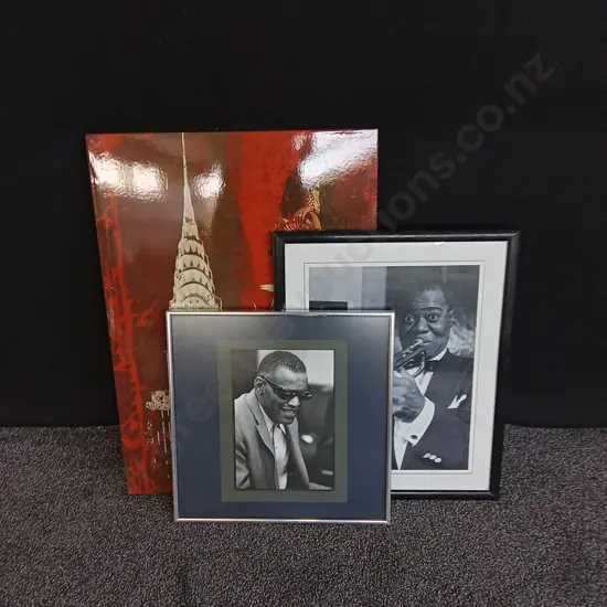 3 PIECES JAZZ ART AND PRINTS, LOUIS ARMSTRONG, RAY CHARLES