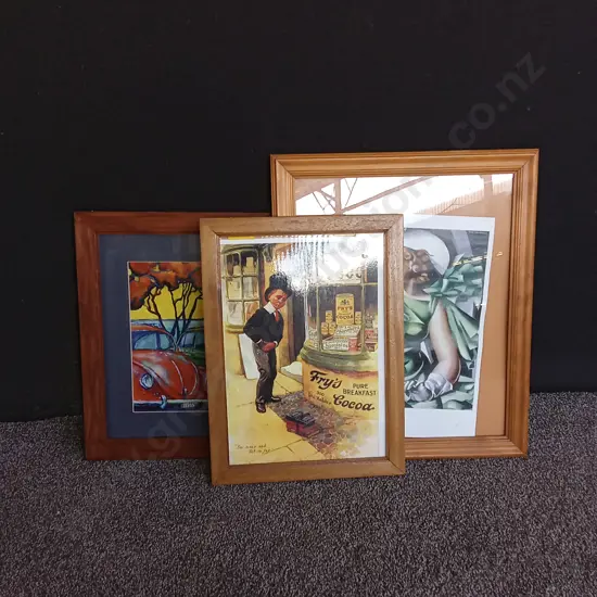 3 PIECES RETRO FRAMED PRINTS AND ARTWORKS