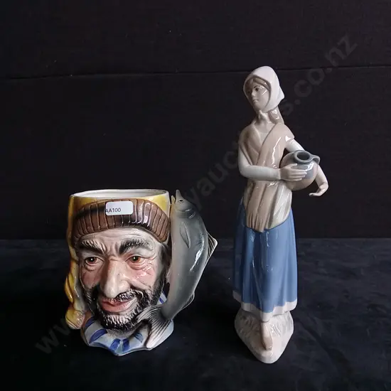 2 PIECES FISHERMAN TOBY JUG AND REX VALENCIA PORCELAIN FIGURINE