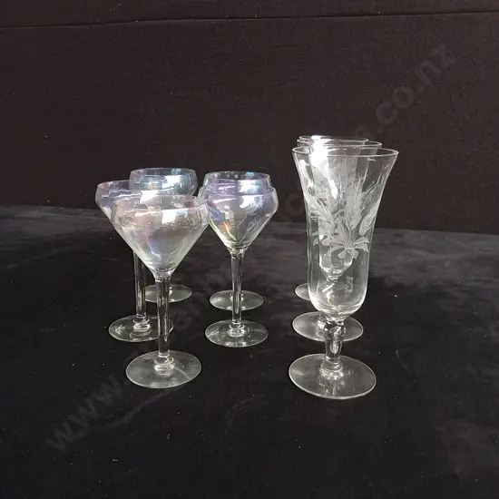 SET OF 5 VINTAGE IRIDESCENT MARTINI GLASSES AND 3 FLUTED CORDIAL GLASSES