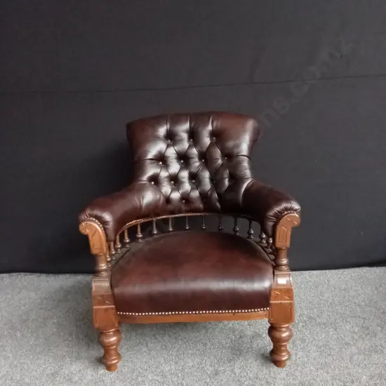 VICTORIAN STYLE LIBRARY ARMCHAIR BROWN LEATHER AND WOOD
