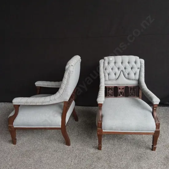 PAIR OF ANTIQUE STYLE UPHOLSTERED ARMCHAIRS