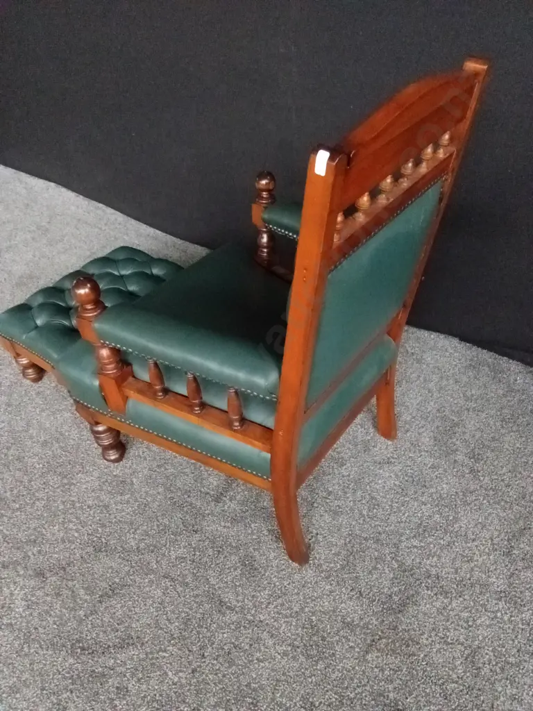 VICTORIAN STYLE LIBRARY CHAIR AND OTTOMAN SET DARK GREEN LEATHER Image 1++