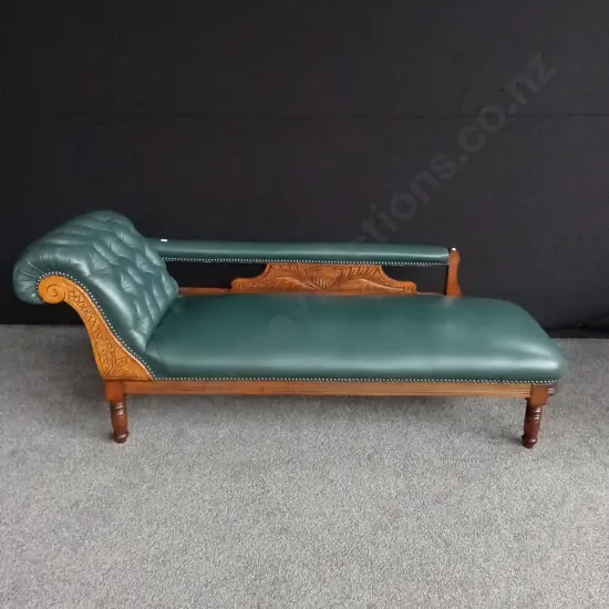 VICTORIAN STYLE CHAISE LOUNGE DARK GREEN LEATHER 1.8M LENGTH