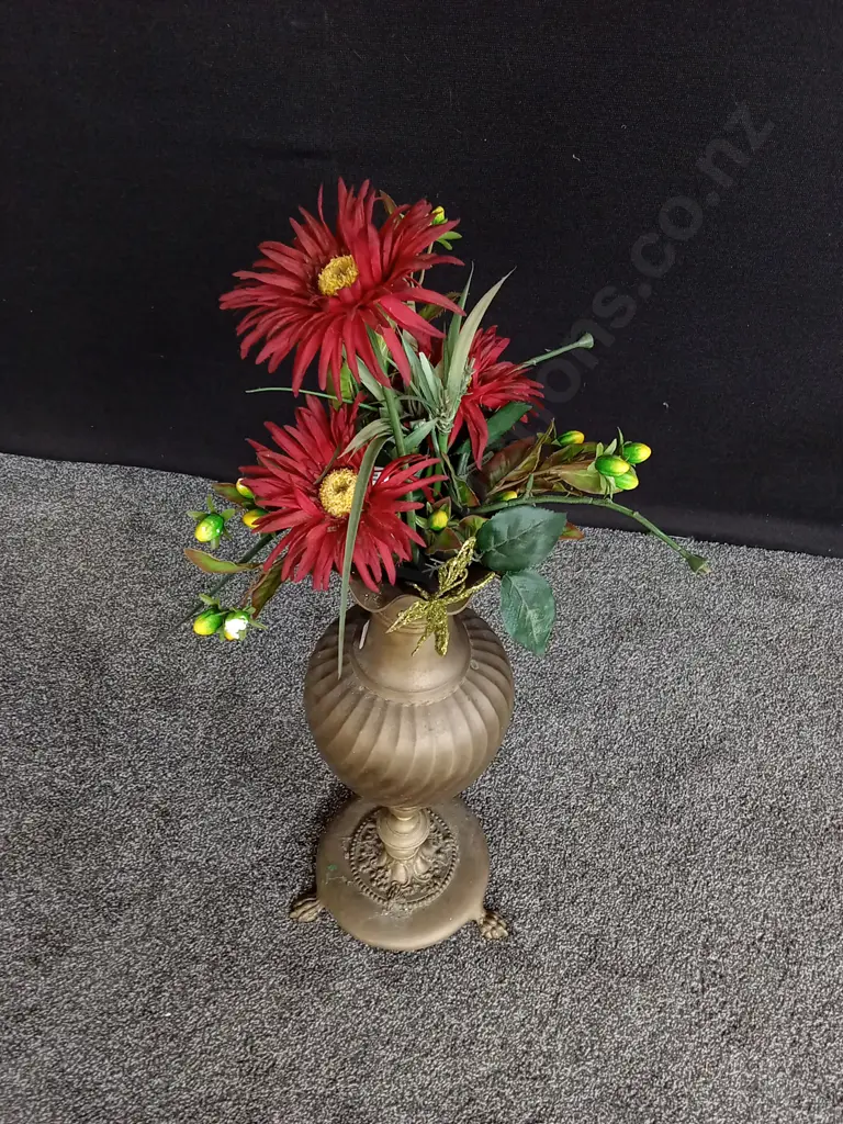VINTAGE BRASS FLOOR VASE WITH FAUX FLOWERS H 66CM Image 1++