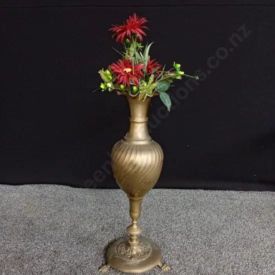 VINTAGE BRASS FLOOR VASE WITH FAUX FLOWERS H 66CM