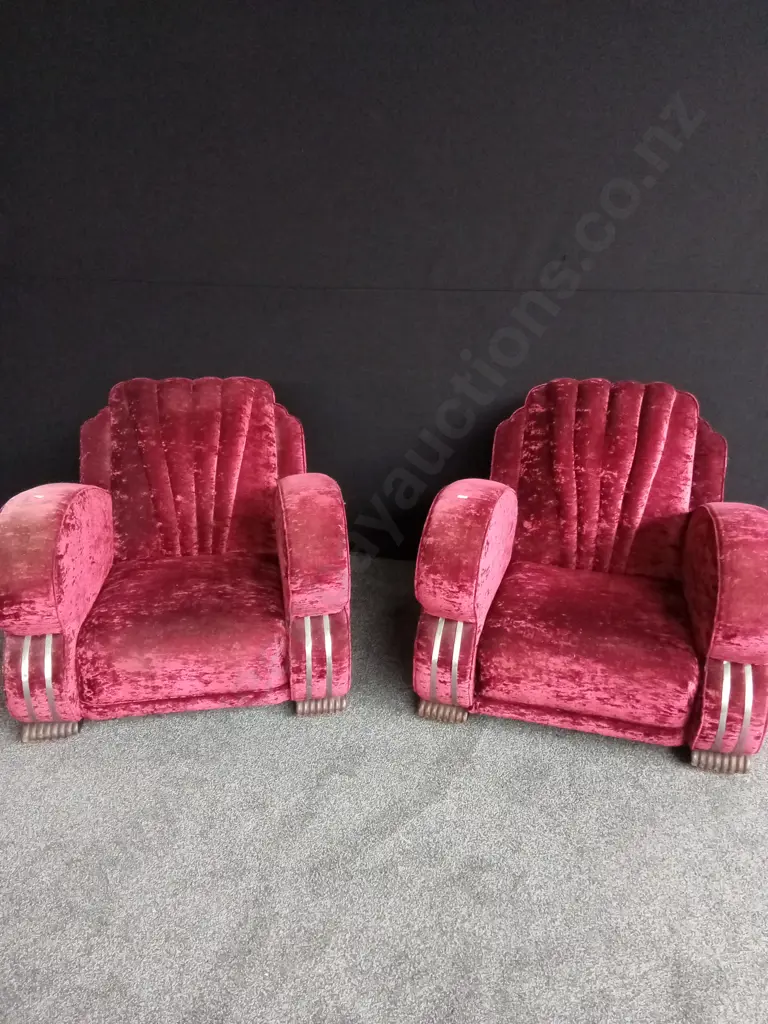 3 PIECES COUCH SET ART DECO STYLE RED VELVET, SOFA 170CM LONG X 100 DEEP X 780CM BACK HEIGHT, CHAIRS 85CM W X 100CM DEEP Image 1++