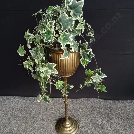 BRASS JARDINIERE STAND AND FAUX PLANT H 87CM