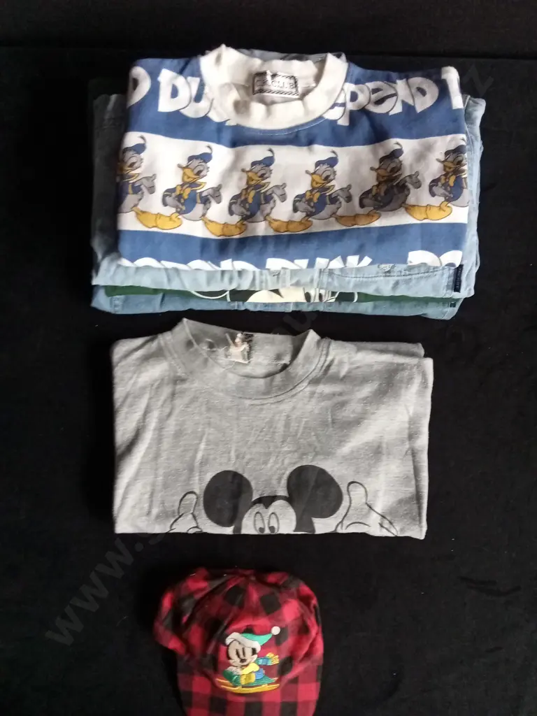 11 PIECES VINTAGE MICKEY MOUSE COLLECTION, INCLUDES DEMIM SHIRTS, T SHIRTS, TIE, CAP, BOOK, EAR MUFFS Image 1++