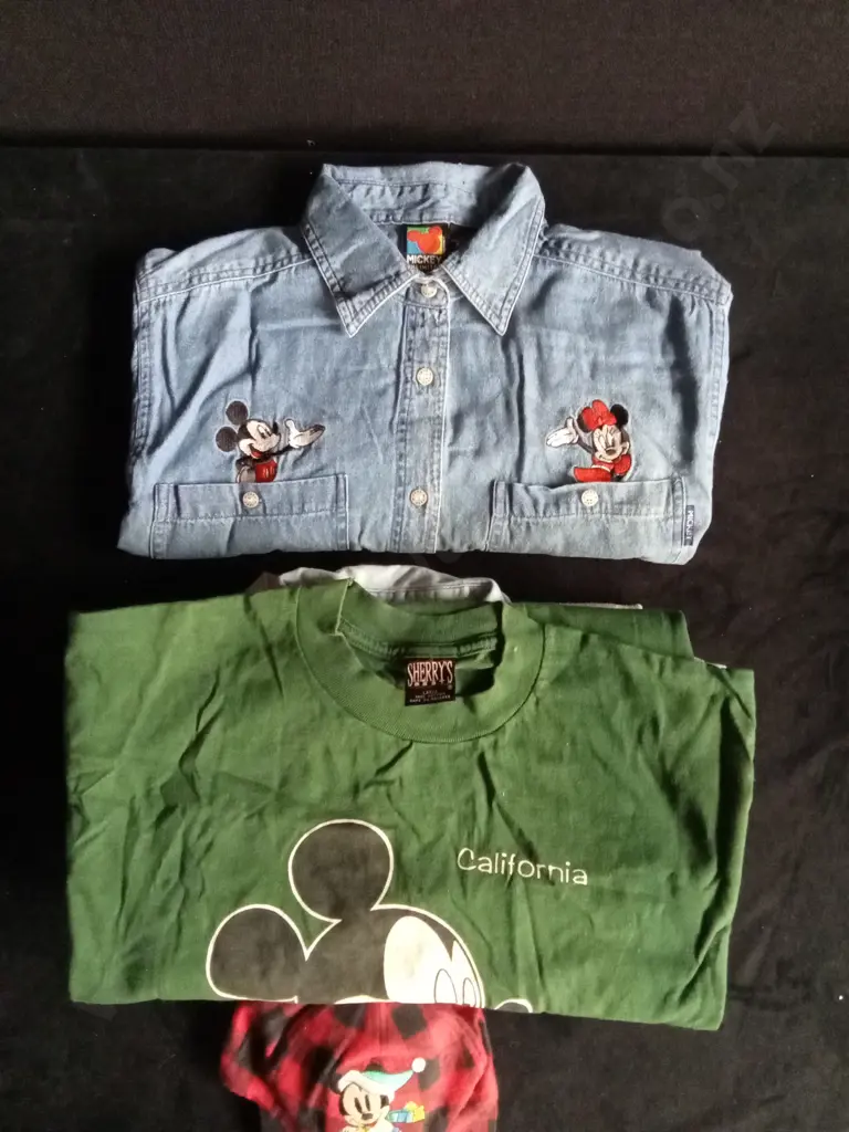 11 PIECES VINTAGE MICKEY MOUSE COLLECTION, INCLUDES DEMIM SHIRTS, T SHIRTS, TIE, CAP, BOOK, EAR MUFFS Image 1++