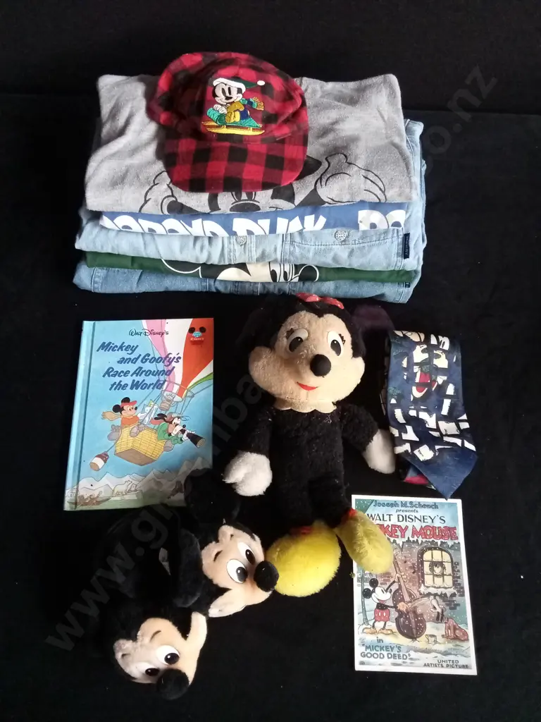 11 PIECES VINTAGE MICKEY MOUSE COLLECTION, INCLUDES DEMIM SHIRTS, T SHIRTS, TIE, CAP, BOOK, EAR MUFFS Image 1++