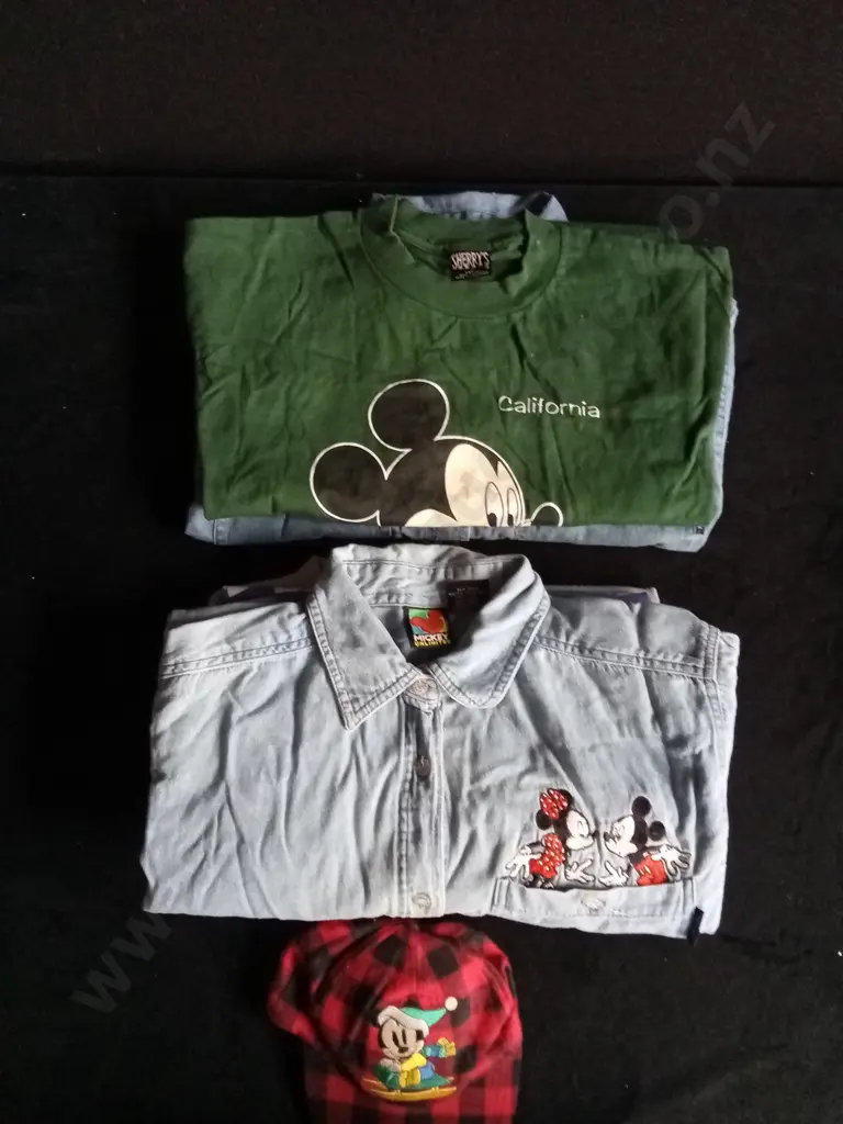 11 PIECES VINTAGE MICKEY MOUSE COLLECTION, INCLUDES DEMIM SHIRTS, T SHIRTS, TIE, CAP, BOOK, EAR MUFFS Image 1++