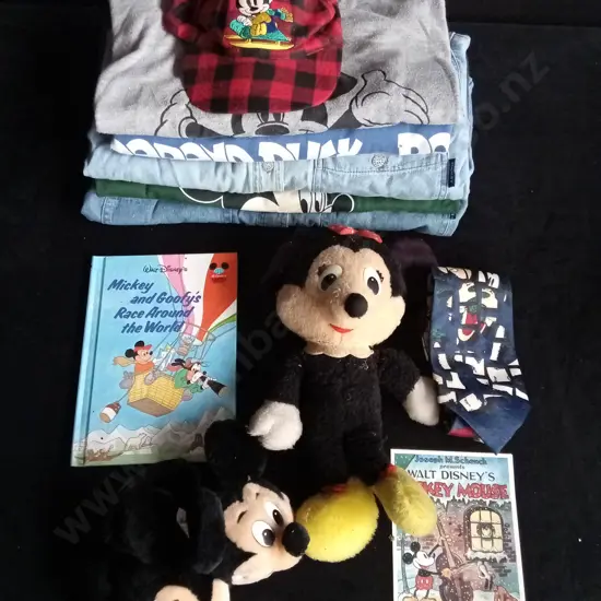 11 PIECES VINTAGE MICKEY MOUSE COLLECTION, INCLUDES DEMIM SHIRTS, T SHIRTS, TIE, CAP, BOOK, EAR MUFFS