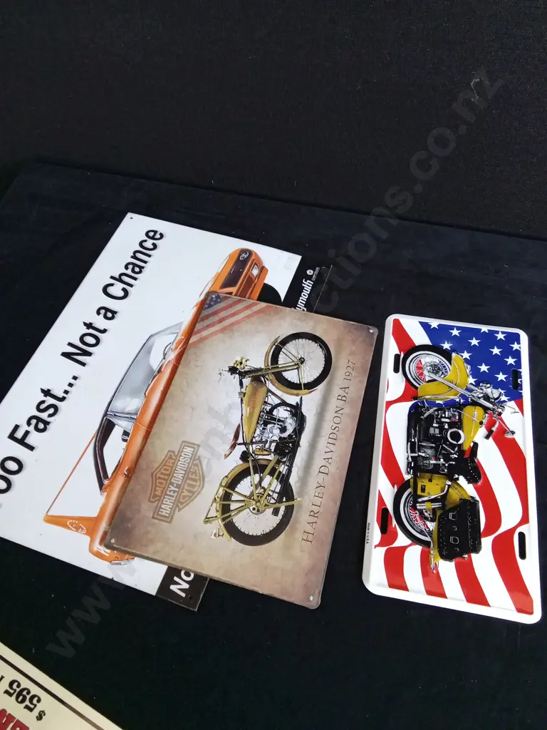 10 PIECES MIX OF TIN MEMORABILIA, CAR PLATES, HARLEY DAVIDSON. ETC. Image 1++