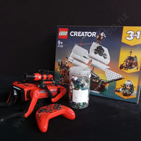 4 PIECES TOY MIX, LEGO CREATOR, ROBOT DOG AND MARBLES