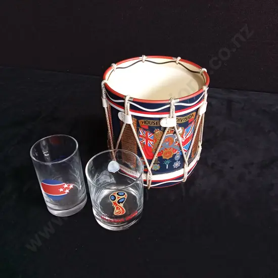 3 PIECES REGIMENTAL DRUM ICE BUCKET AND TWO SPORTS EVENT GLASSES