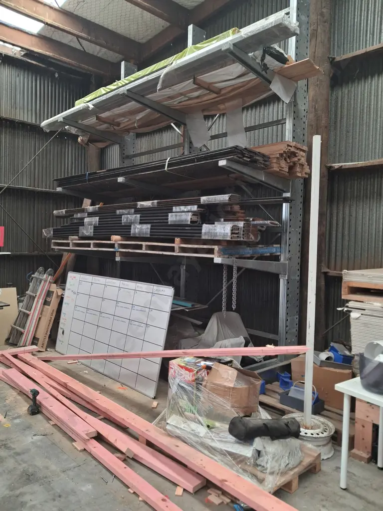 GALVANISED CANTILEVER RACKING COMPRISING 6 UPRIGHTS AT 5M HIGH PLUS PALLET OF BRACKETS BRACING ETC Image 1++