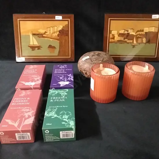 BOX OF SCENTED SPRAYS, CANDLES, 2 VENEER PICTURES