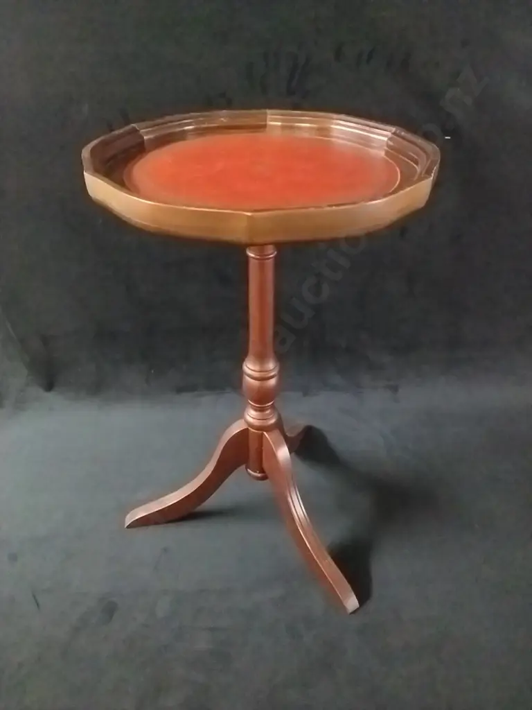 VINTAGE BEVAN FUNNELL STYLE TRIPOD WINE TABLE WITH BROWN LEATHER TOP Image 1++