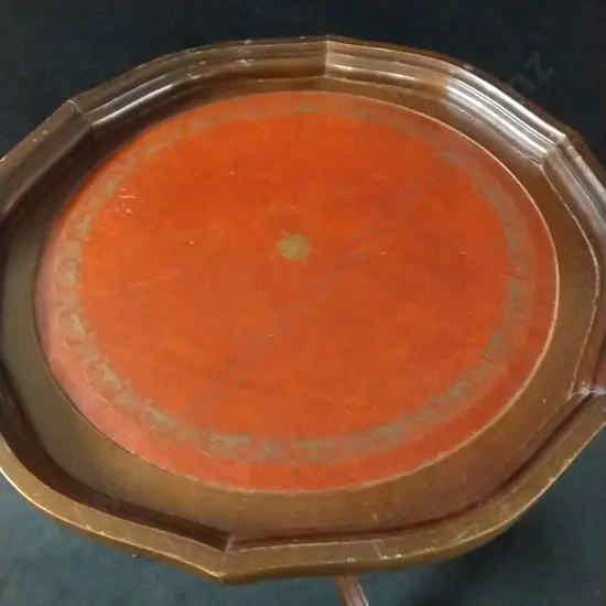 VINTAGE BEVAN FUNNELL STYLE TRIPOD WINE TABLE WITH BROWN LEATHER TOP