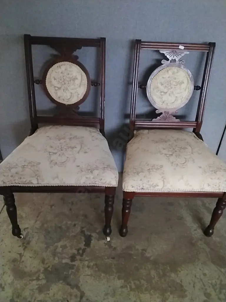 CHAIRS EDWARDIAN MAHOGANY, FRETWORK DETAILS ON BACKREST, SEATS & CENTRAL OVAL MEDALLIONS UPHOLSTERED IN MATCHING FABRIC Image 1++