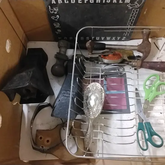 BOX OF ASSORTED ITEMS INC TOOLS SCISSORS