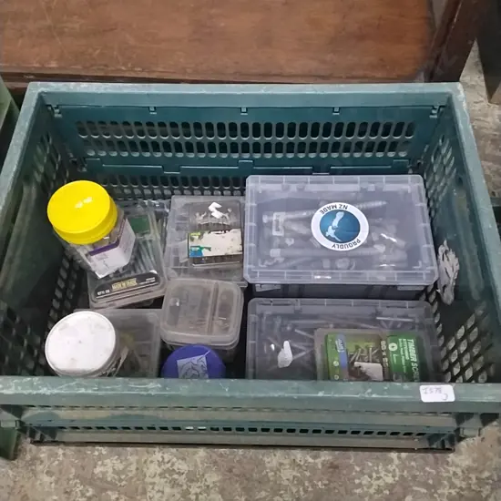 PLASTIC CRATE OF VARIOUS HARDWARE INC DYNA BOLTS COACH BOLTS SCREWS